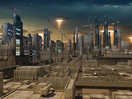 Dystopian cityscape with spaceships and hovering UFOs