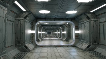 Infinite corridor inside a futuristic spaceship. 3D design