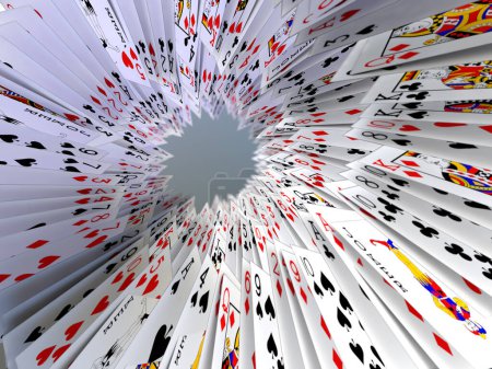 Swirling tunnel of playing cards in endless loop. 3D