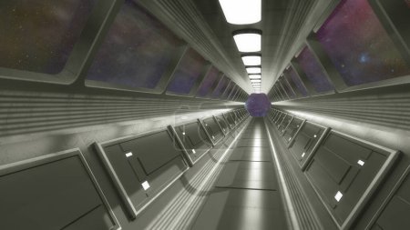 Unendlicher Korridor in einem futuristischen Raumschiff. 3D-Gestaltung