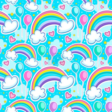 Illustration for Seamless background with rainbow and clouds, vector endless texture for gift wrapping or textile - Royalty Free Image