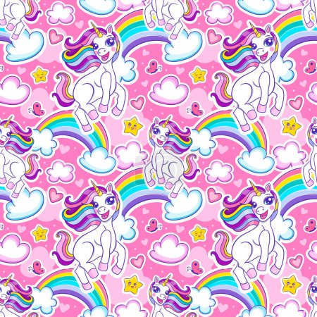 Photo for Seamless pattern with cute cheerful unicorn and rainbow. Vector endless texture - Royalty Free Image