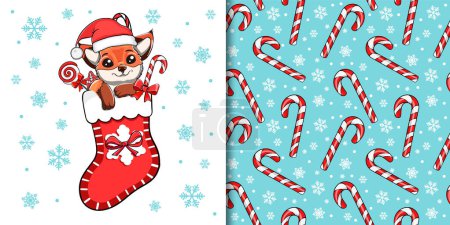 Ilustración de Lindo zorro en un calcetín de Navidad, patrón sin costuras para el diseño de la tela o el envoltorio. ilustración vectorial - Imagen libre de derechos