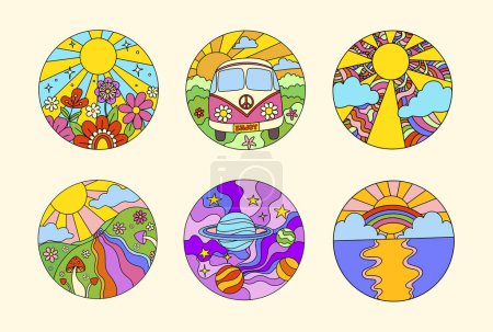 Ilustración de Groovy retro circles with psychedelic landscapes. hippie print - Imagen libre de derechos