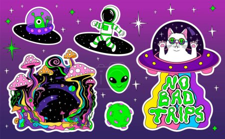 Astronauts and Alien in space, psychedelic mushrooms. Space groovy