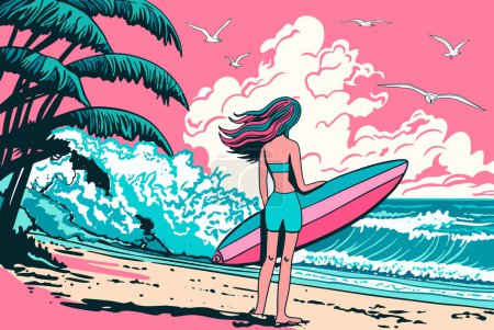 Ilustración de Surfer girl on the beach. Woman with surfboard. vector illustration - Imagen libre de derechos