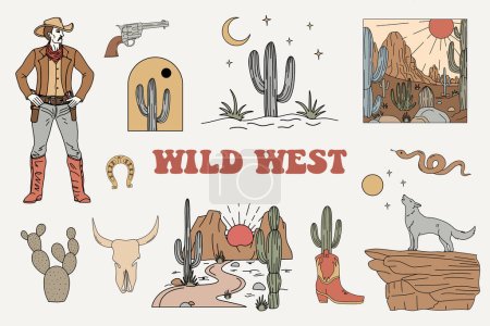 Wild West icônes de dessin animé ensemble. paysage désertique avec montagnes et cactus, coyote, cow-boy. rétro vecteur