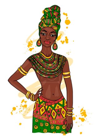 Téléchargez les illustrations : Belle femme ethnique africaine. Style tribal boho. Illustration vectorielle - en licence libre de droit