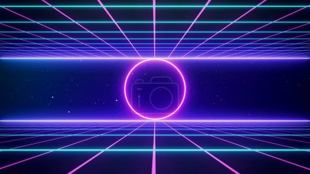 Photo for Retro style 80s-90s laser neon background. Futuristic Grid landscape. Digital Cyber Surface. Suitable for design in the style of the 1980s-1990s. 3D illustration - Royalty Free Image