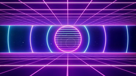 Photo for Retro style 80s-90s neon background. Futuristic Grid landscape. Digital Cyber Surface. Suitable for design in the style of the 1980s-1990s. 3D illustration - Royalty Free Image