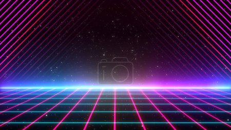 Photo for Retro style 80s-90s galaxy background. Futuristic Grid landscape. Digital Cyber Surface. Suitable for design in the style of the 1980s-1990s. 3D illustration - Royalty Free Image
