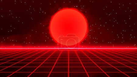Photo for Retro style 80s-90s background. Futuristic Grid landscape. Digital Cyber Surface. Suitable for design in the style of the 1980s-1990s. 3D illustration - Royalty Free Image