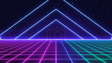Photo for Retro style 80s-90s background. Futuristic Grid landscape. Digital Cyber Surface. Suitable for design in the style of the 1980s-1990s. 3D illustration - Royalty Free Image
