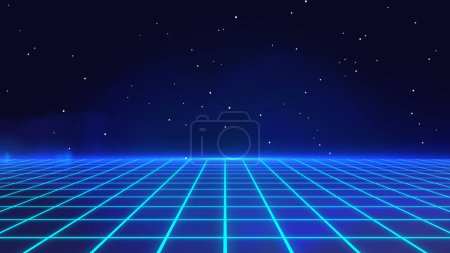 Photo for Retro Sci-Fi Background Futuristic Grid landscape of the 80s. Digital Cyber Surface. Suitable for design in the style of the 1980s. 3D illustration - Royalty Free Image