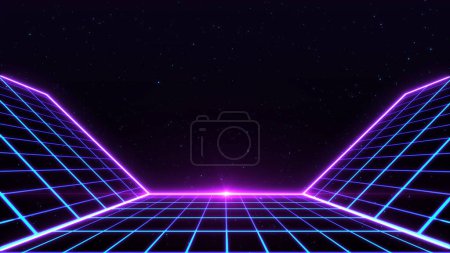 Photo for Retro Sci-Fi Background Futuristic Grid landscape of the 80`s. Digital Cyber Surface. Suitable for design in the style of the 1980`s. 3D illustration - Royalty Free Image