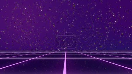 Photo for Retro style 80s video game background. Futuristic Grid landscape of the 80s. Digital Cyber Surface. Suitable for design in the style of the 1980s. 3D illustration - Royalty Free Image