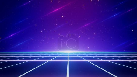 Photo for Retro style 80s-90s pattern galaxy background. Futuristic Grid landscape. Digital Cyber Surface. Suitable for design in the style of the 1980s-1990s. 3D illustration - Royalty Free Image