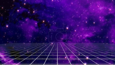 Photo for Retro style 80s video game background. Futuristic Grid landscape of the 80s. Digital Cyber Surface. Suitable for design in the style of the 1980s. 3D illustration - Royalty Free Image
