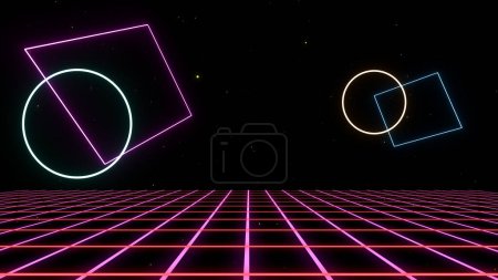 Photo for Retro style 80s background. Futuristic neon laser lines grid landscape of the 80s. Digital Cyber Surface. Suitable for design in the style of the 1980s. 3D illustration - Royalty Free Image