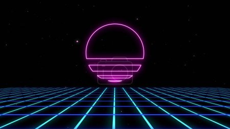 Photo for Retro style 80s background. Futuristic neon laser lines grid landscape of the 80s. Digital Cyber Surface. Suitable for design in the style of the 1980s. 3D illustration - Royalty Free Image