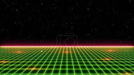 Photo for Retro Sci-Fi Background Futuristic Grid landscape of the 80`s. Digital Cyber Surface. Suitable for design in the style of the 1980`s. 3D illustration - Royalty Free Image