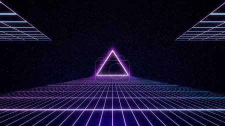 Retro style Sci-Fi future synthwave background. Futuristic Perspective Grid Landscape. Digital Cyber Surface. Suitable for design party flyer, banner, poster or cover style 80s or 90s. 3D illustration