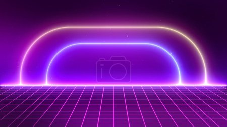 Photo for Retro style 80s-90s laser neon background. Futuristic Grid landscape. Digital Cyber Surface. Suitable for design in the style of the 1980s-1990s. 3D illustration - Royalty Free Image