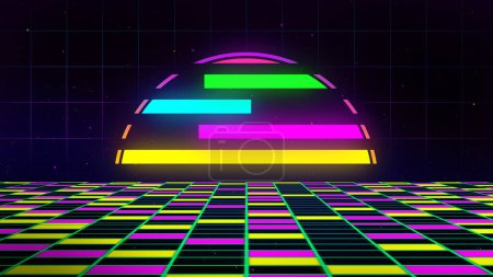 Photo for Retro 80s-90s Sci-Fi background futuristic grid landscape neon. Digital Cyber Surface. Suitable for design in the style of the 1980`s. 3D illustration - Royalty Free Image