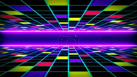 Photo for Retro 80s-90s Sci-Fi background futuristic grid landscape neon. Digital Cyber Surface. Suitable for design in the style of the 1980`s. 3D illustration - Royalty Free Image