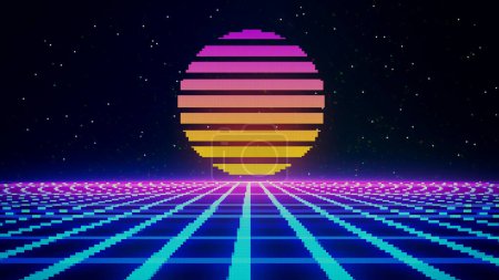 Photo for Retro cyberpunk style 80s game scene pixel art 8-bit sci-fi background. Futuristic with laser grid landscape. Digital cyber surface style of the 1980`s. 3D illustration - Royalty Free Image