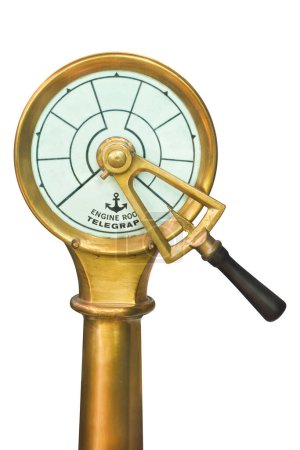 Vintage Engine Room Telegraph with white panel with copy space isolated on a white background