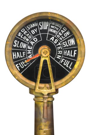 Ancient Engine Room Telegraph with black control panel isolated on a white background