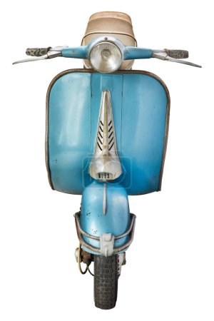Front view of a vintage Italian blue scooter from the fifties isolated on a white background