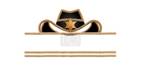 Rope cowboy hat and sheriff star on white background