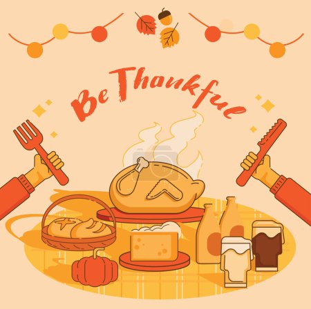Illustration for Be thankful greeting illustration with family eating celebration thanks giving day. - Royalty Free Image