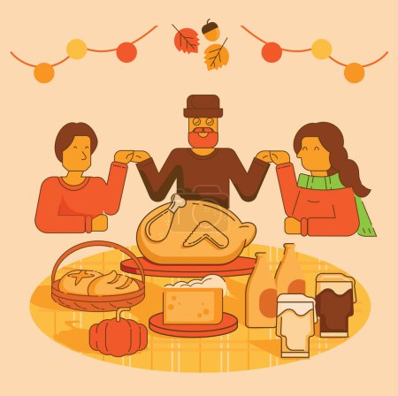 Illustration for Thanksgiving with family illustration with family eating celebration thanks giving day. - Royalty Free Image