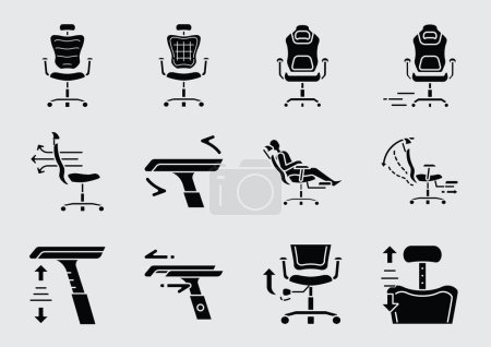 conjunto de iconos de función de silla de oficina de respaldo alto con beneficios ergonómicos, como respaldo ajustable, reposacabezas, apoyabrazos para trabajar y jugar.