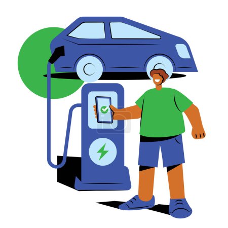 Illustration for Hispanic man contactless payment with mobile phone for EV charger illustration. - Royalty Free Image