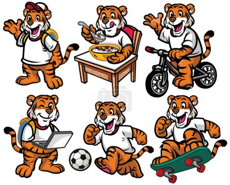 Téléchargez les illustrations : Jeu de caractères de dessin animé de mignon petit tigre - en licence libre de droit