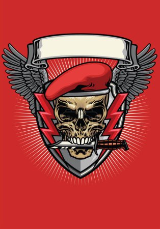 Ilustración de Cráneo de boina militar roja con diseño de cuchillo - Imagen libre de derechos