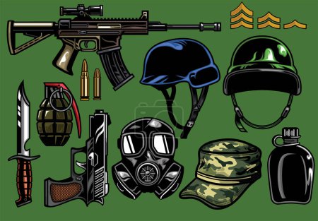 Ilustración de Conjunto de objetos militares - Imagen libre de derechos