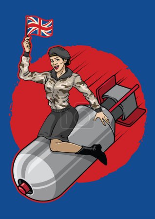 Illustration for UK pin up girl ride a nuclear Bomb - Royalty Free Image