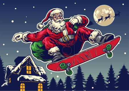Téléchargez les illustrations : Santa claus ride skateboard en style vintage dessin à la main - en licence libre de droit