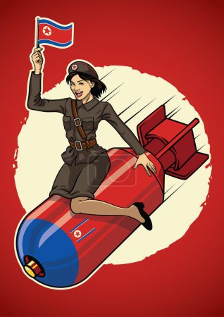 Illustration for North korea pin up girl ride a nuclear bomb - Royalty Free Image