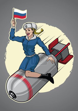 Illustration for Russian pin up girl ride a nuclear bomb - Royalty Free Image