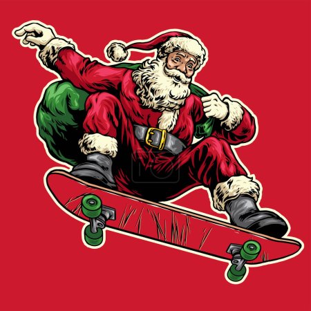 Illustration for Hand Drawing style of santa claus jumping with riding skateboard - Royalty Free Image