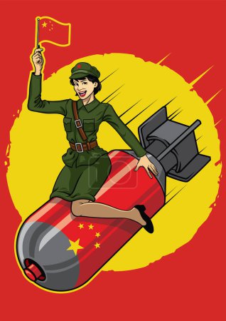 Illustration for Chinese pin up girl ride the nucler bomb - Royalty Free Image
