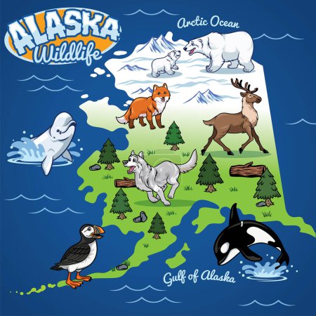 Illustrazione per Alaska Mappa della fauna selvatica in stile cartone animato - Immagini Royalty Free
