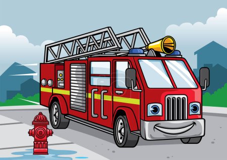 Téléchargez les illustrations : Dessin animé de camion pompier illustration - en licence libre de droit