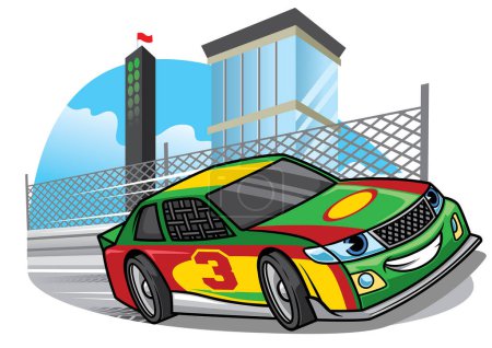 Illustration for Cartoon racing car running fast on the track - Royalty Free Image
